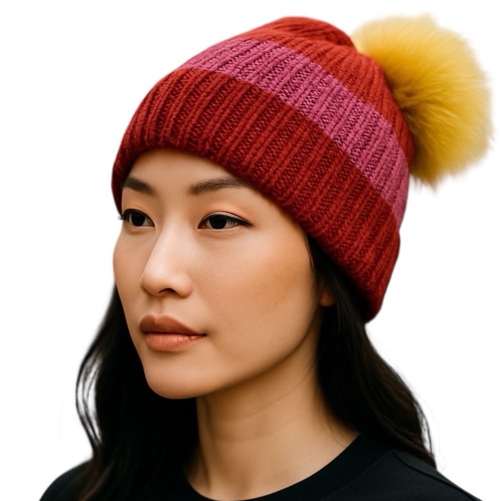 Hat Attack Womens Fur Pom Pom Knit Happy Stripes Beanie NWOT Red/Pink/Yellow - Picture 1 of 6